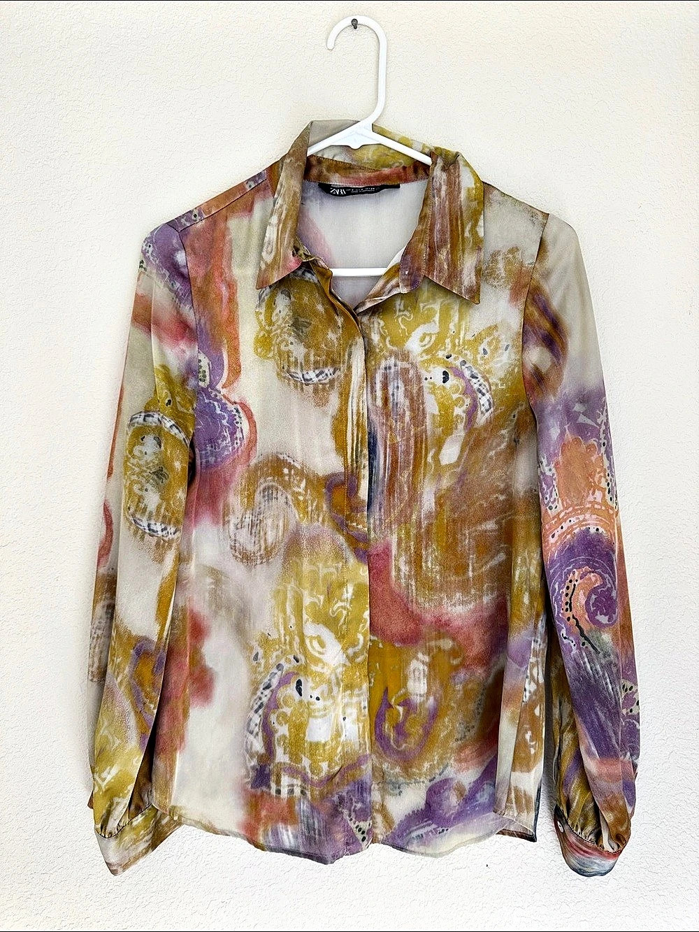 Zara Abstract Button Down Shirt in Purple & Yellow Size Small